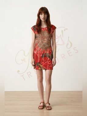 Desigual Orange Mandala Graphic Print Mini Dress Cap Sleeve Boho Sz XS